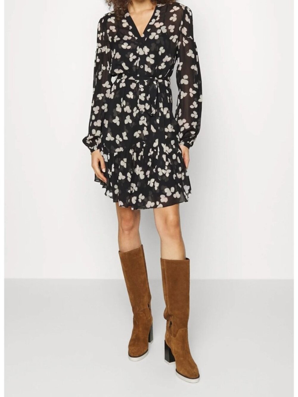 The Kooples Naive Flowers Chiffon Mini Dress Black Belted US Large